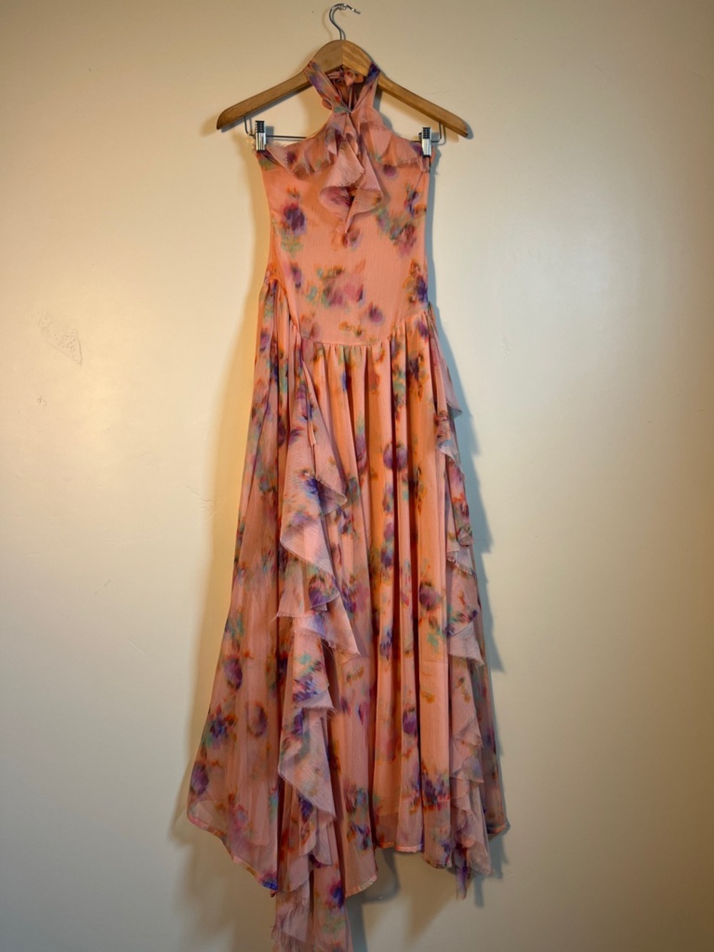 Nasty Gal Peach Floral Halter High-Low Ruffle Dress